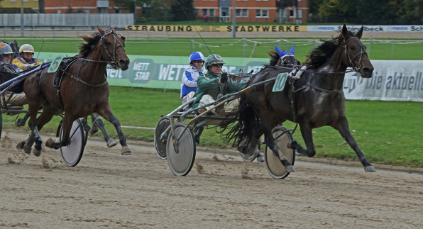 Nicht ganz erwartet: Auf der letzten Halben machte sich Herbert Lorenz mit Mystical Sunshine in weiter Spur auf den Vormarsch und riss auf der Zielgeraden mit der 103:10-Außenseiterin die Partie an sich. (Foto: M. Bäumel-Schachtner)