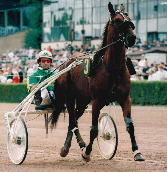 Helmut Biendl, hier bei der Derbyparade 1996 mit Fazimo in Berlin-Mariendorf, wird heute Abend in die Hall of Fame des Deutschen Trabrennsports aufgenommen. (Foto: Archiv ZTVSR)