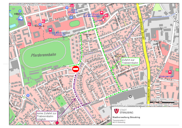 Die Zufahrt zur Rennbahn Straubing ist künftig nur noch über die Gabelsberger Straße und Gottfried-Keller-Straße möglich (grüne Linie). (Grafik: Stadt Straubing)